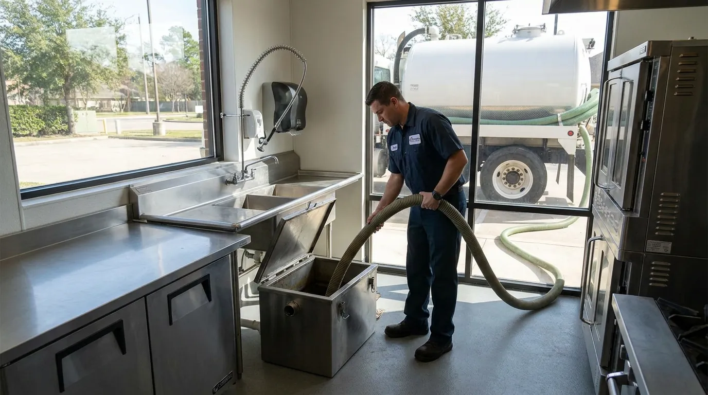Grease trap being pumped at a League City commercial kitchen