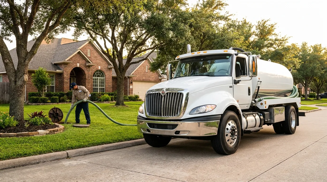 Septic service truck pumping a residential septic tank in League City, TX