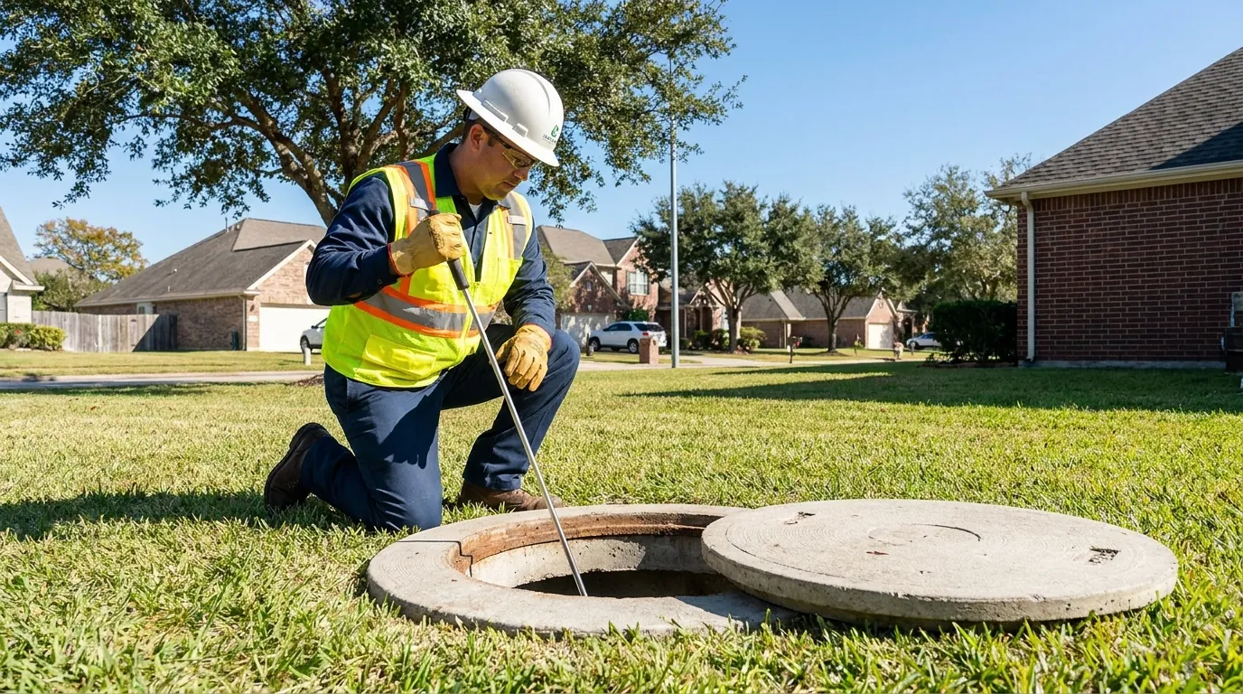 Technician inspecting an open septic tank in League City